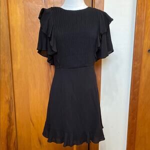Black Rayon Pleated Bodice Ruffle Short Sleeves Mini Dress Low Zip & Tie Back